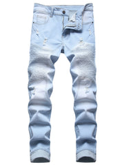 Ripped Slim Light Blue Jeans Men's locomotive ripped stretch slim light blue jeans