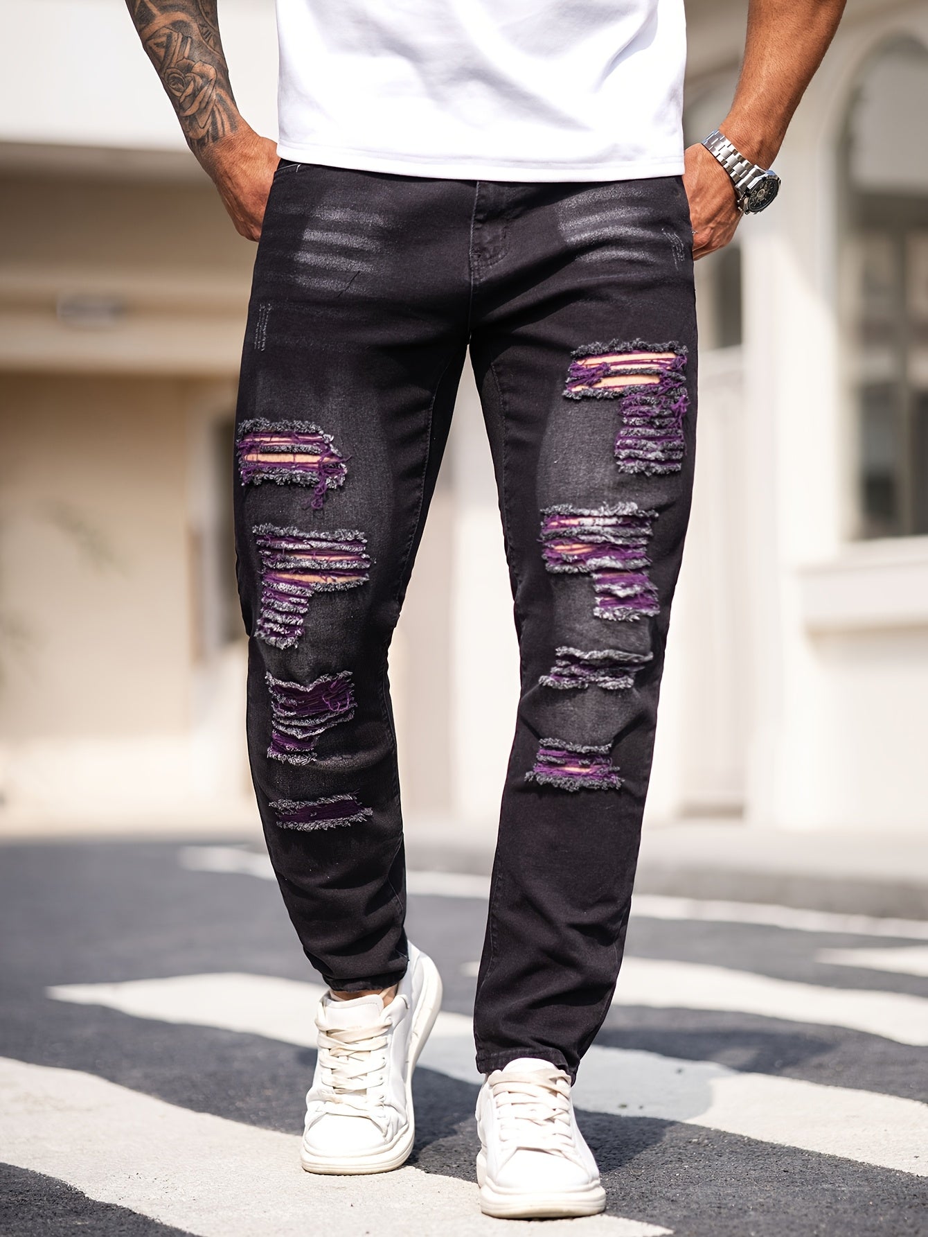 Men's Black Ripped Jeans; Stretchable Denim Pants; Slim-fit Casual Trousers