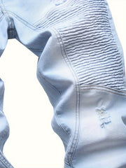Ripped Slim Light Blue Jeans Men's locomotive ripped stretch slim light blue jeans