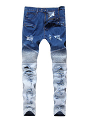 Men'S Motorcycle Jeans; Ripped Zipper Jeans; Stretch Denim Color-blocked Trousers;
