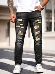 Men'S Black Jeans; Ripped Stretchy Denim Trousers; Casual Fashionable Yellow Ripped Pants