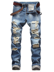 Men's Light Blue Slim-Fit Ripped Jeans - Distressed Streetwear Denim with Pre-Designed Tears, Machine Washable & Built- Zipper for Easy Wear, All-Season Casual Pants for Teens & Young Adults, Teenage Fashion, Streetstyle Clothing, Midwash Denim