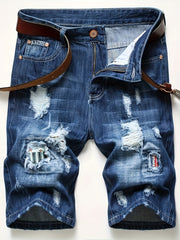 Men's Denim Shorts Summer Ripped Random Patch Men's Mid-pants Slim Shorts Straight-legged Wear Men's Pants European And American, No Belts