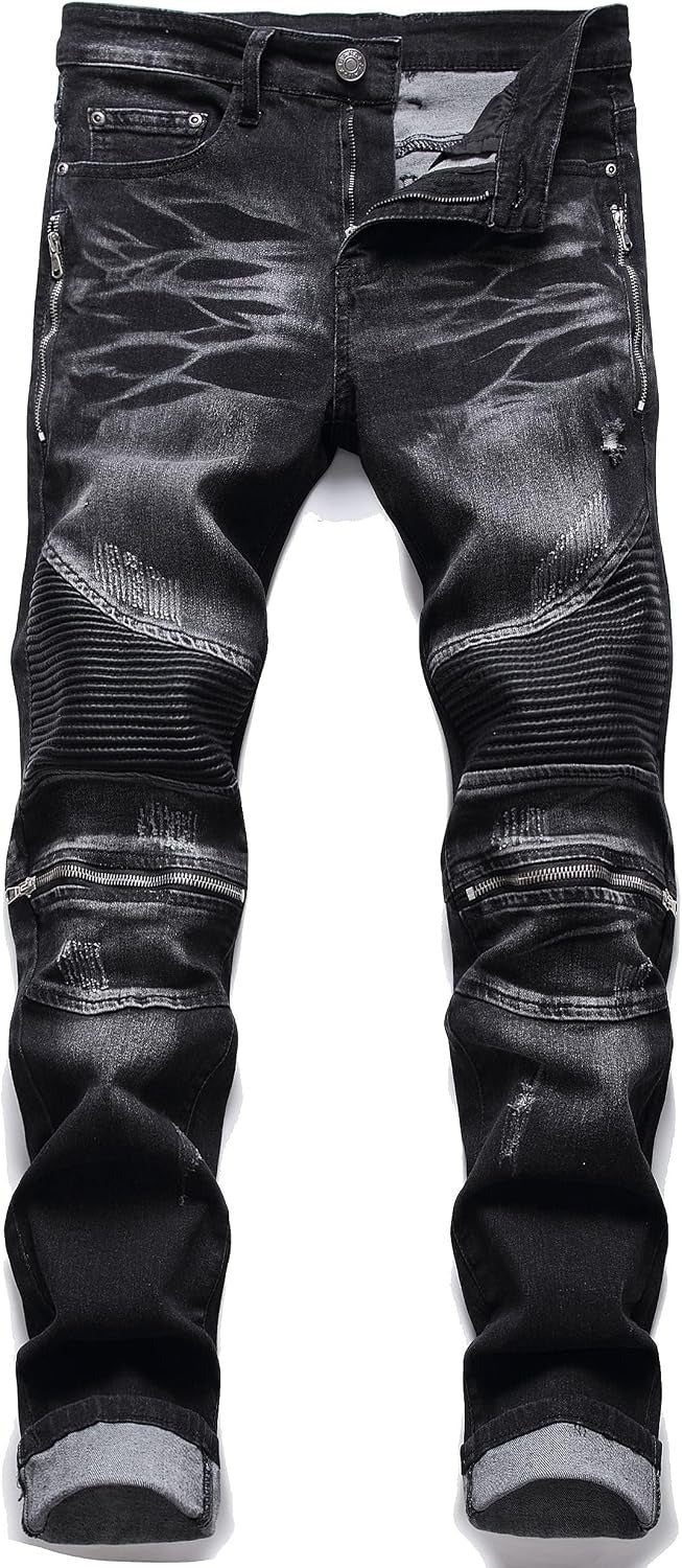 Men's Biker Zipper Deco Washed Straight Fit Jeans