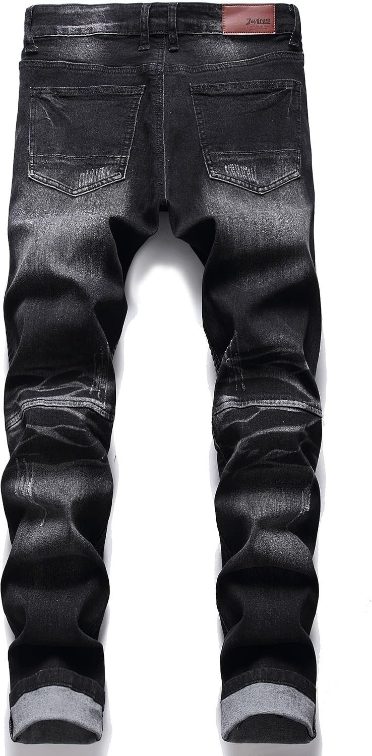 Men's Biker Zipper Deco Washed Straight Fit Jeans