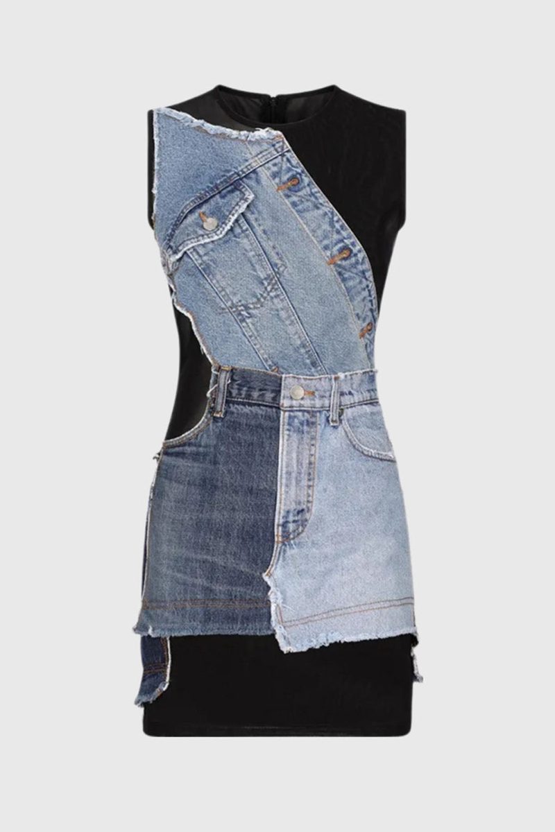 AddisonSleevelessPatchworkDenimDress 4