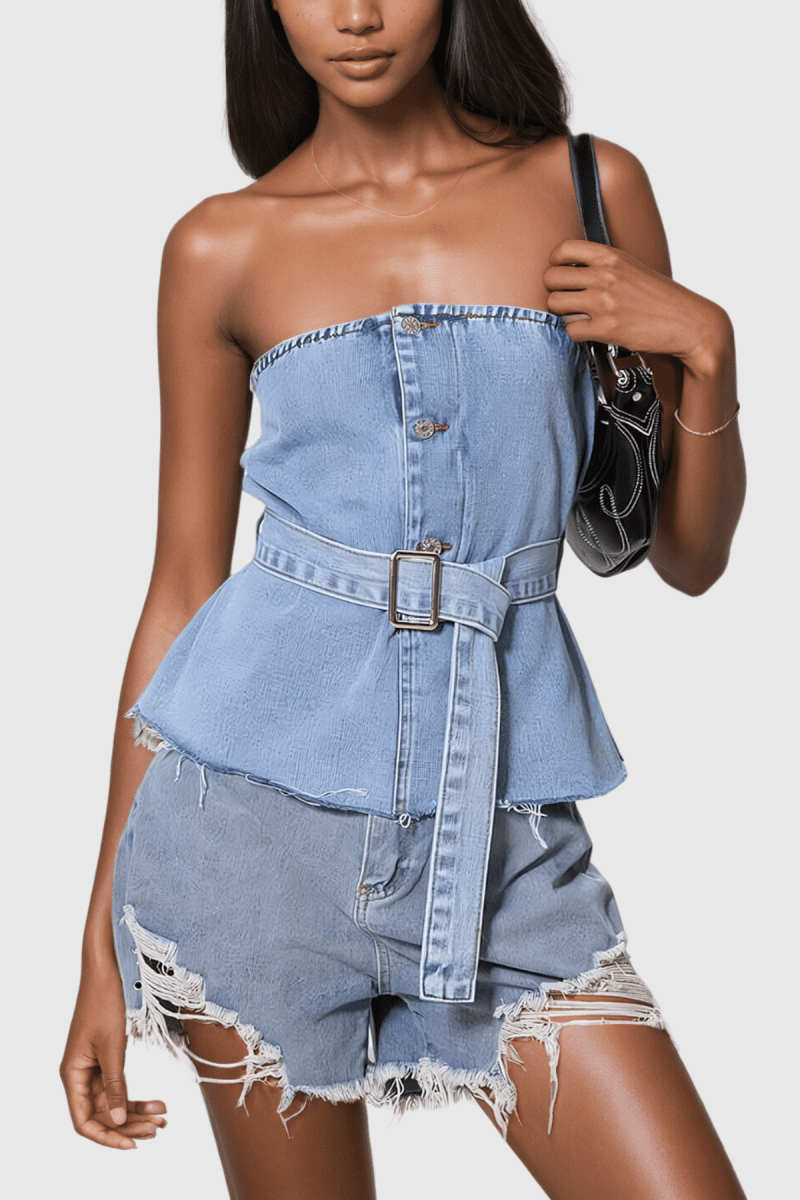 Aelius Buckle Strapless Denim Top In Slight Blue 1