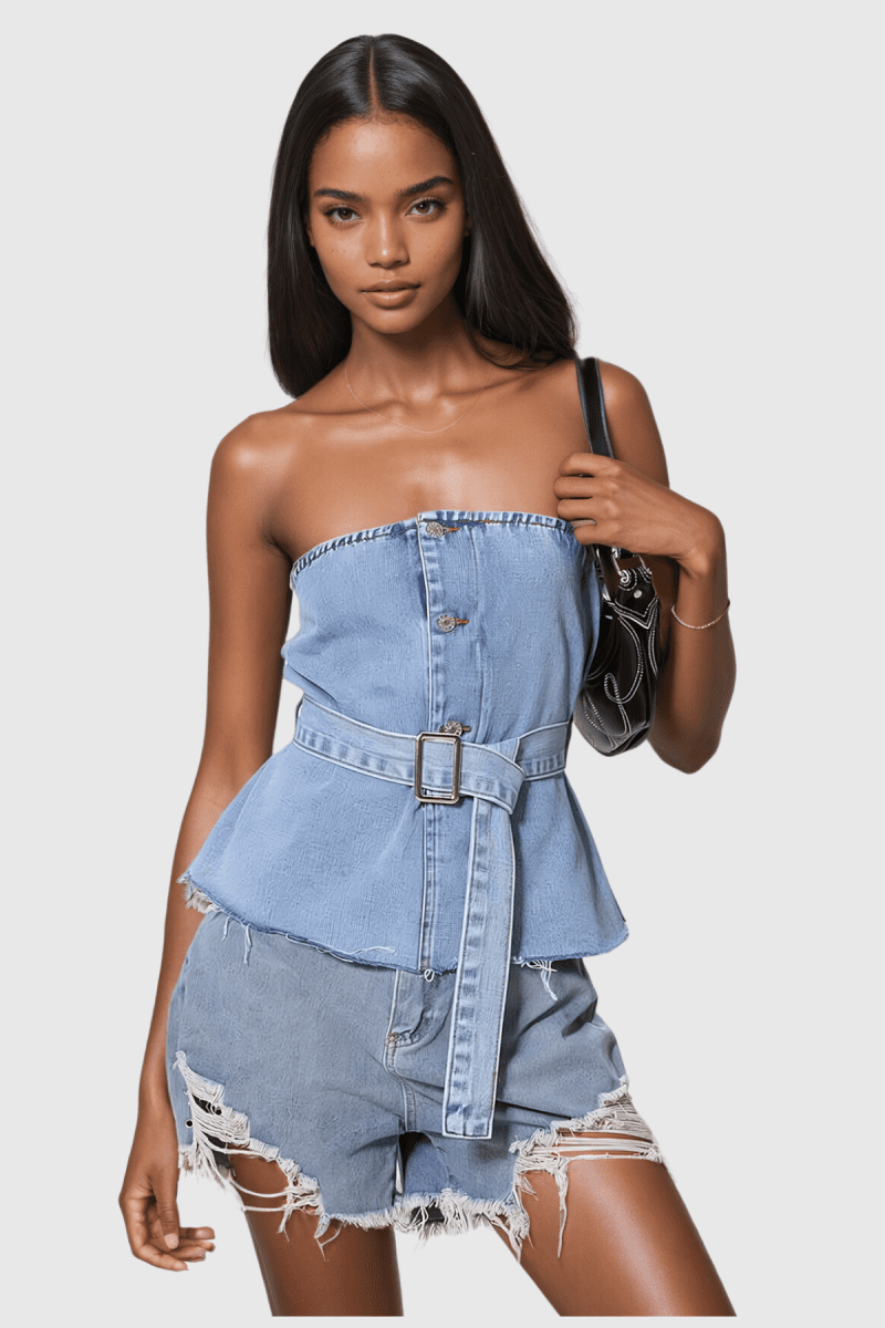 Aelius Buckle Strapless Denim Top In Slight Blue 2