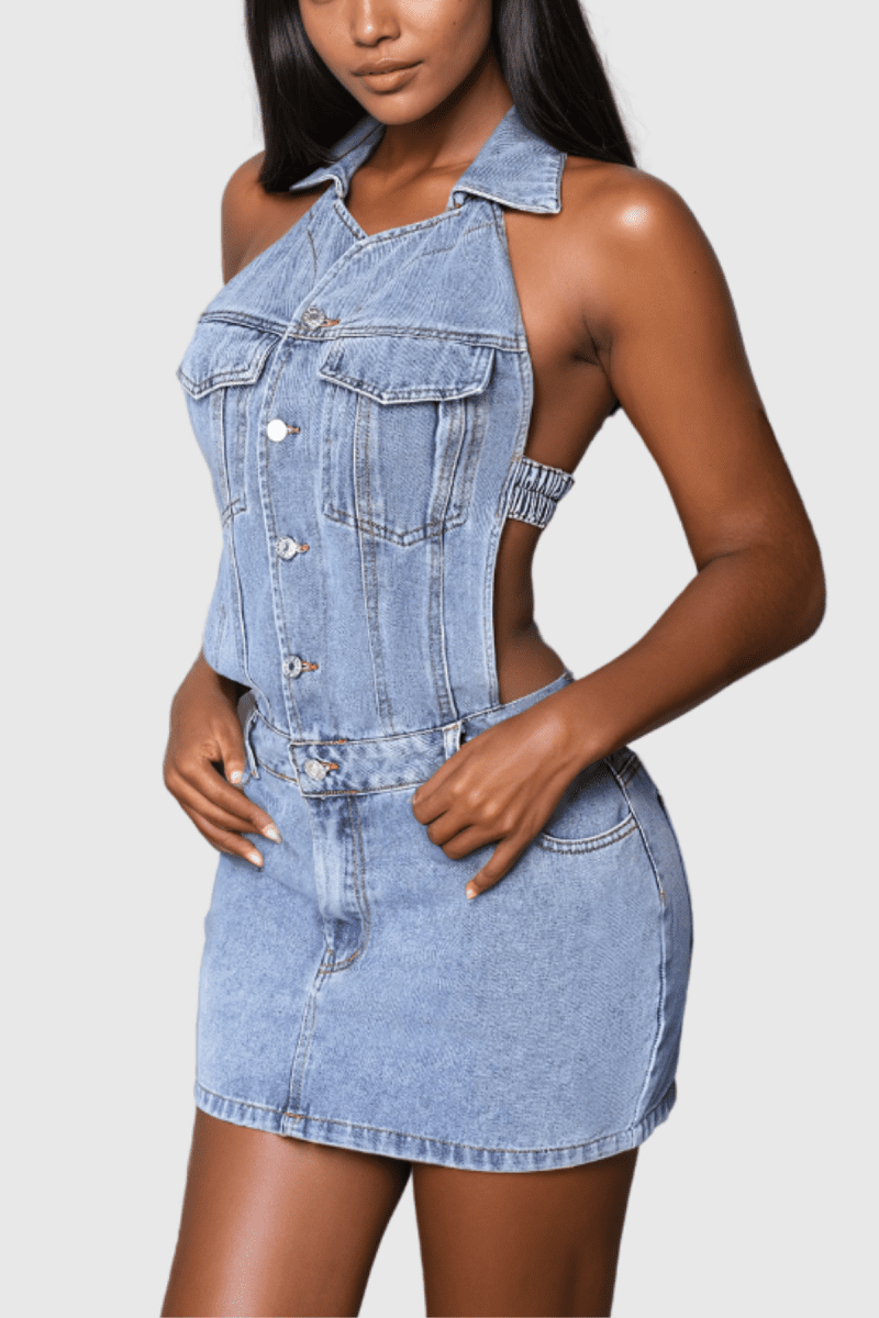 AerilynBacklessHalterNeckDenimMiniDress 1