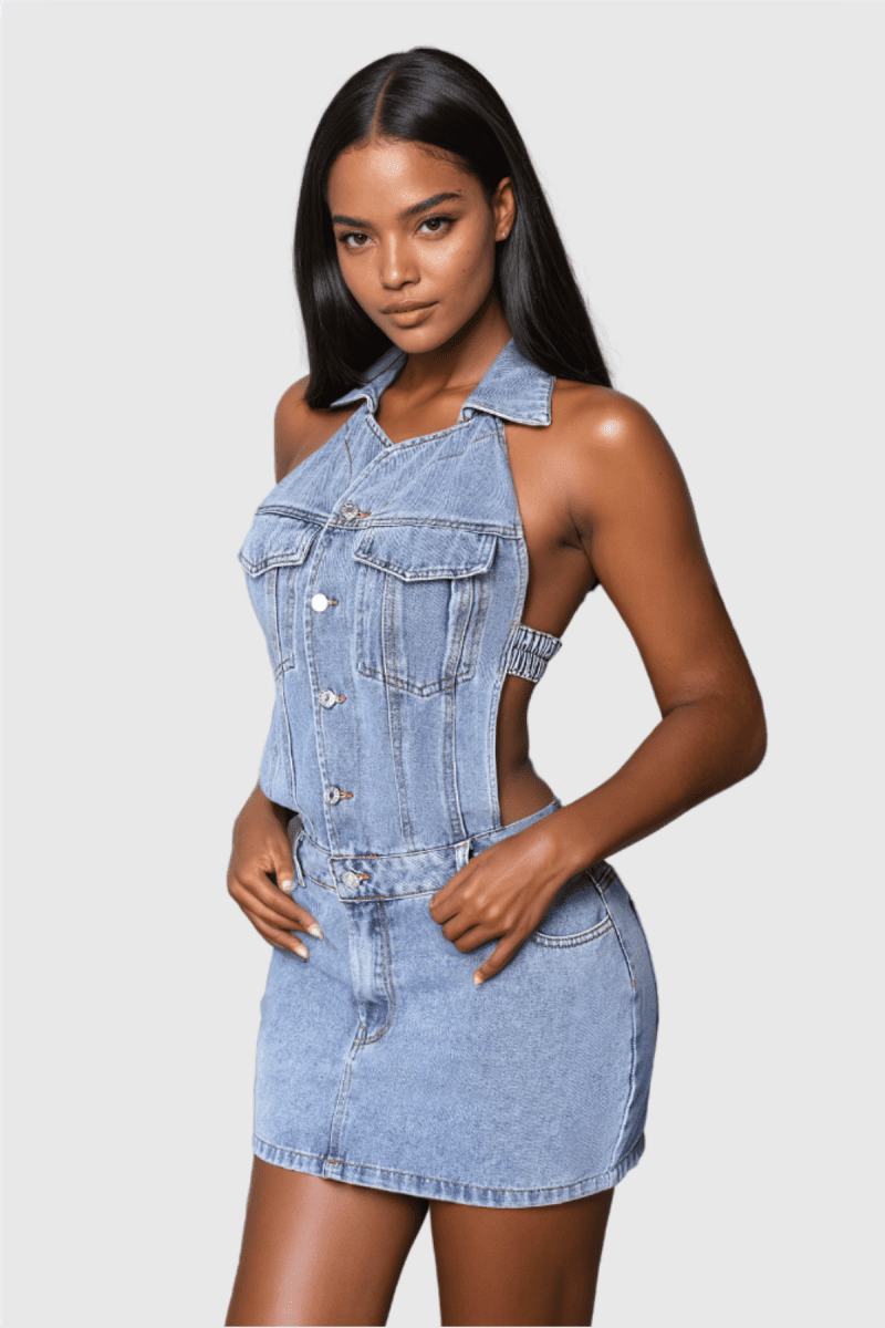 AerilynBacklessHalterNeckDenimMiniDress 2