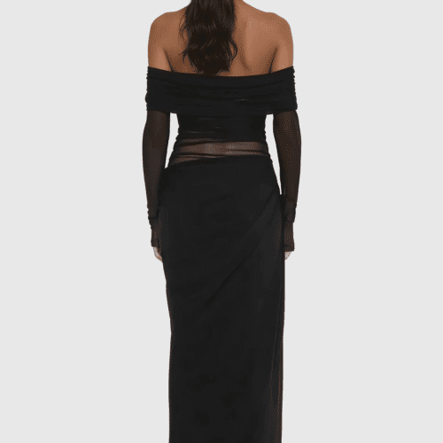 AlissaOffShoulderRuchMeshMaxiDressInBlack 7