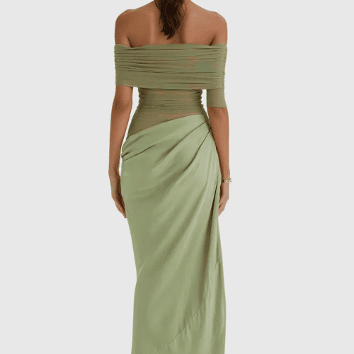 AlissaOffShoulderRuchMeshMaxiDressInGreen 4