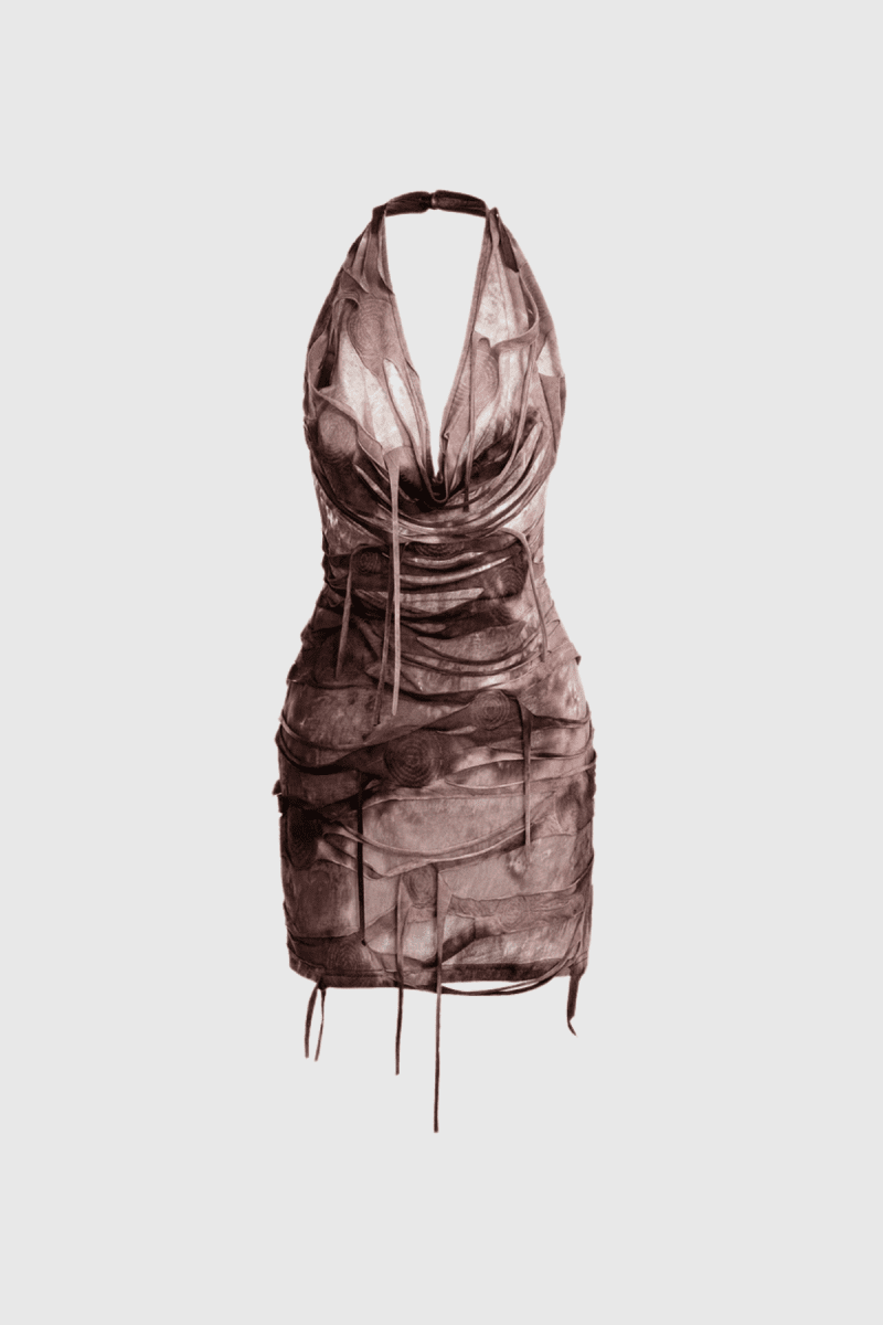 AllaunHalterNeckFringePrintRuchMiniDress 6