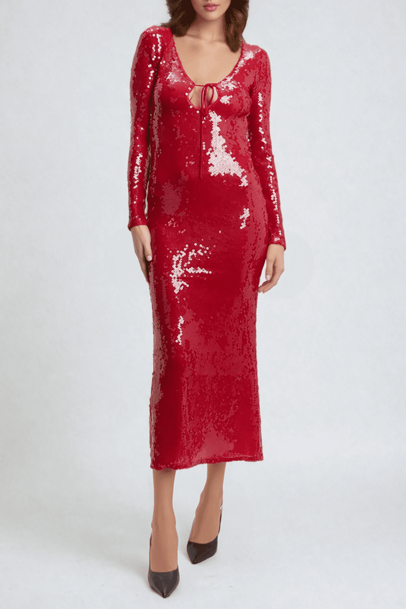 Aoibhe Long Sleeve Sequin Backless Midi Dress In Red