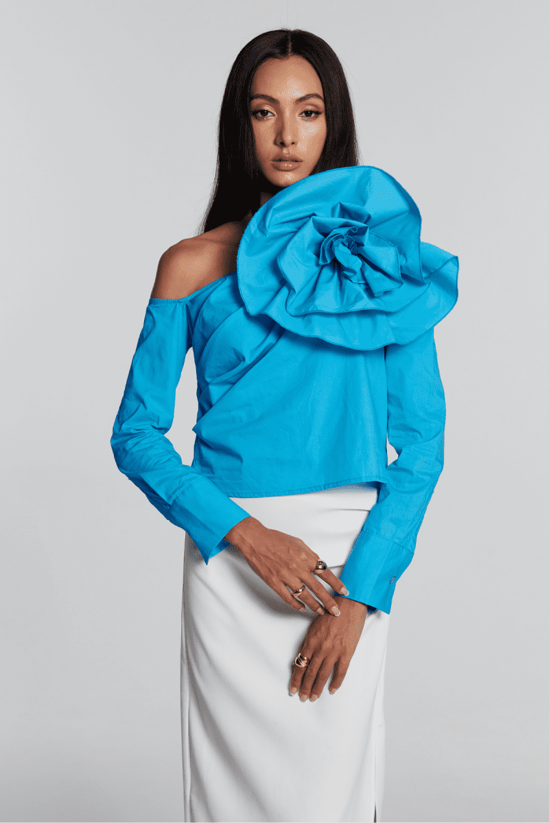 Ashlyn Flower One Shoulder Ruch Shirt