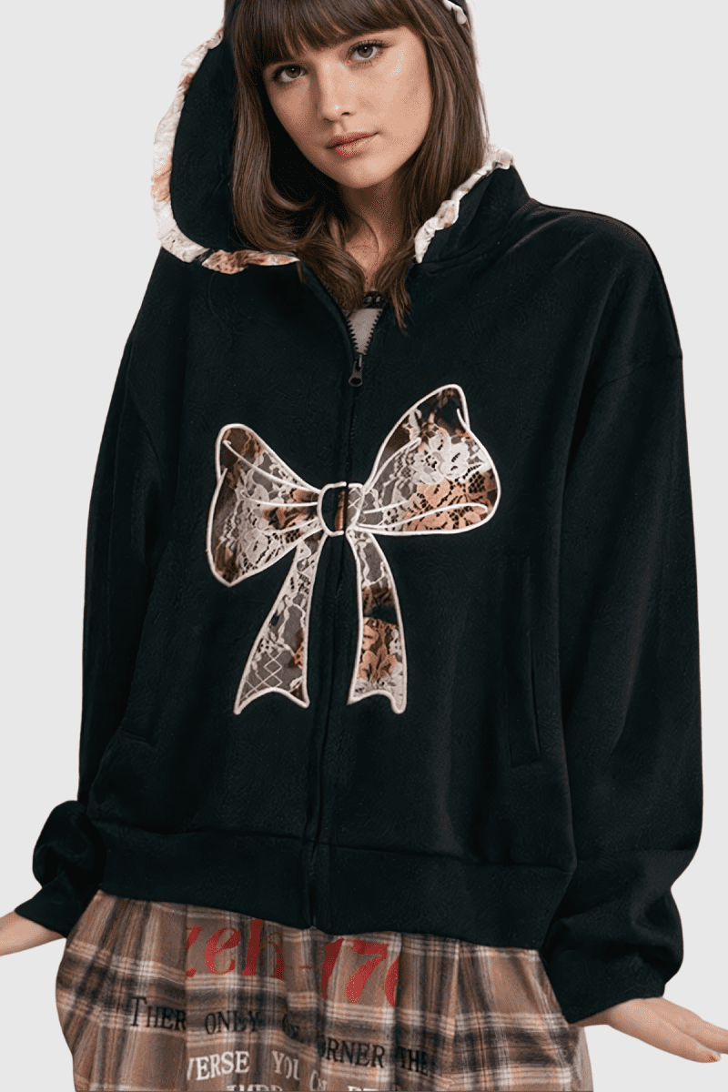 Baina Lace Bow Hooded Long Sleeve Jacket 4