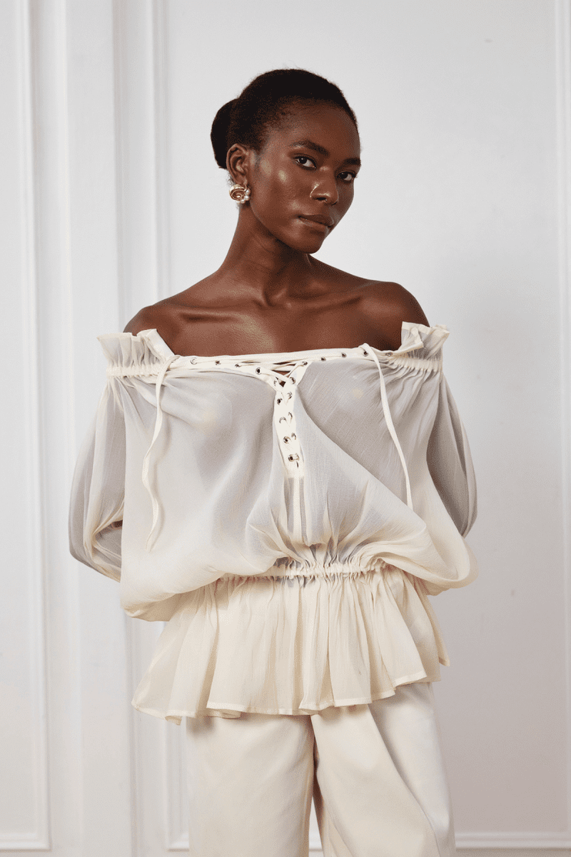 Blessing Lace Up Mesh Ruffle Top 2