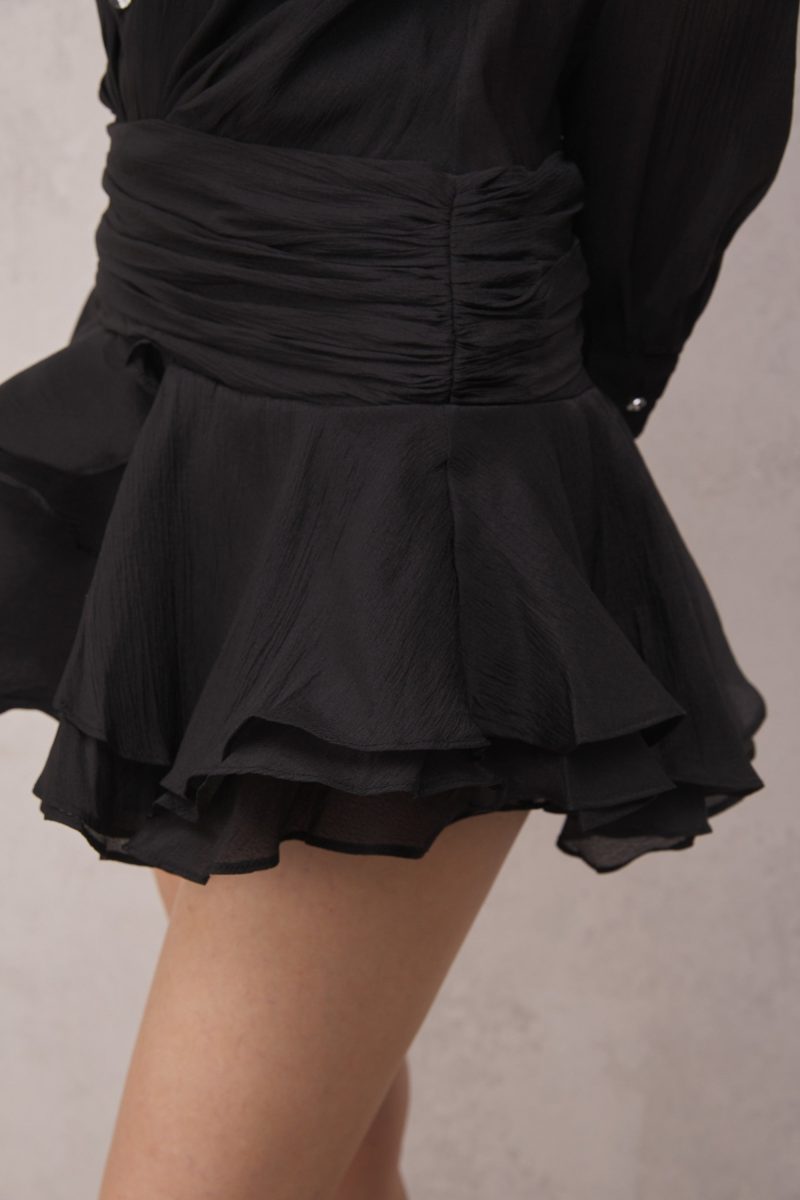 Brinley Ruched Ruffle Mini Dress In Black 3