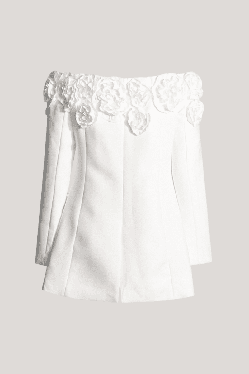 ChelseaOffShoulderFlowerLongSleeveMiniDressInWhite 5