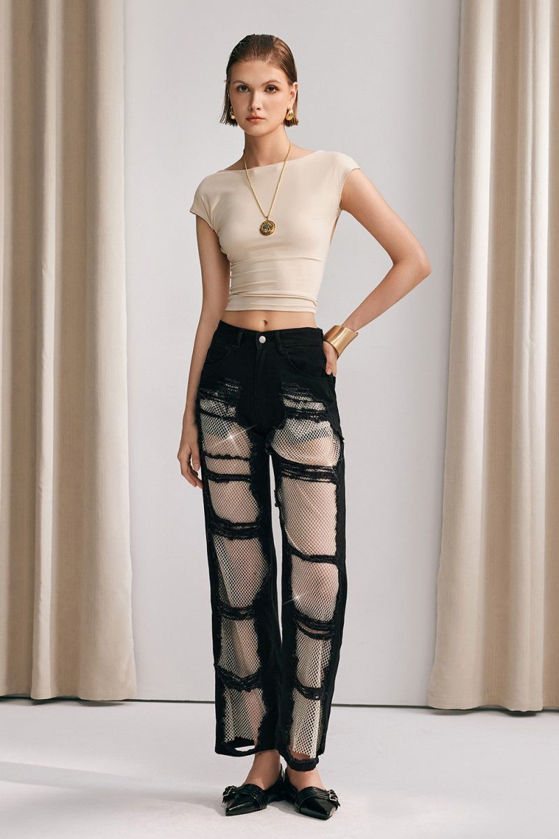 Chloe Mesh Straight Jeans In Black 2