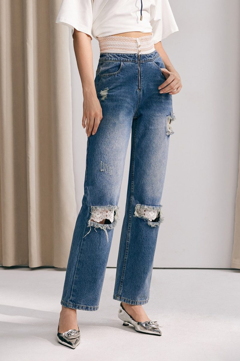 Elianna Lace Patchwork Torn Jeans 1