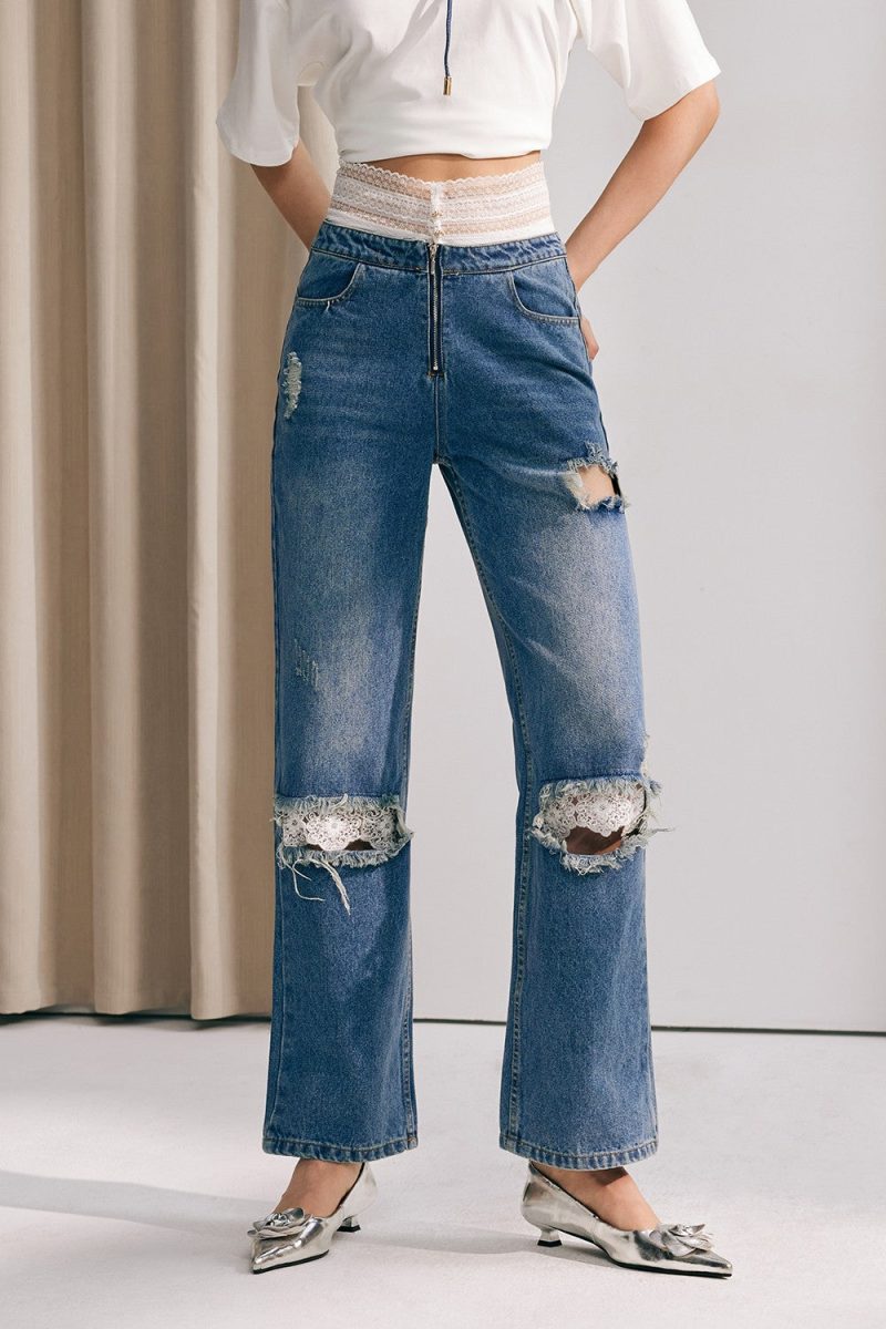 Elianna Lace Patchwork Torn Jeans 2