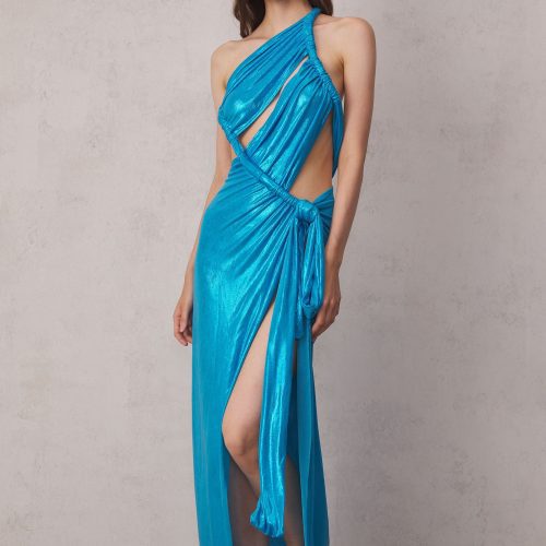 Elise Metallic Split Maxi Dress In Blue 3