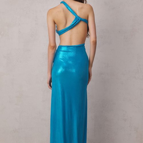 Elise Metallic Split Maxi Dress In Blue 6