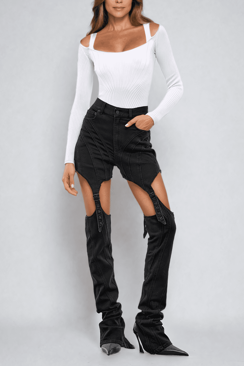 Eshwari Stripe Cutout Jeans In Black 1