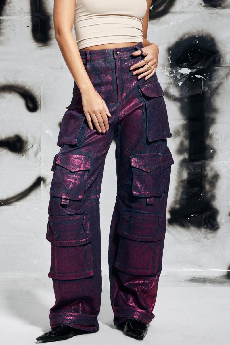 Jayda Metallic Cargo Jeans In Purple 1