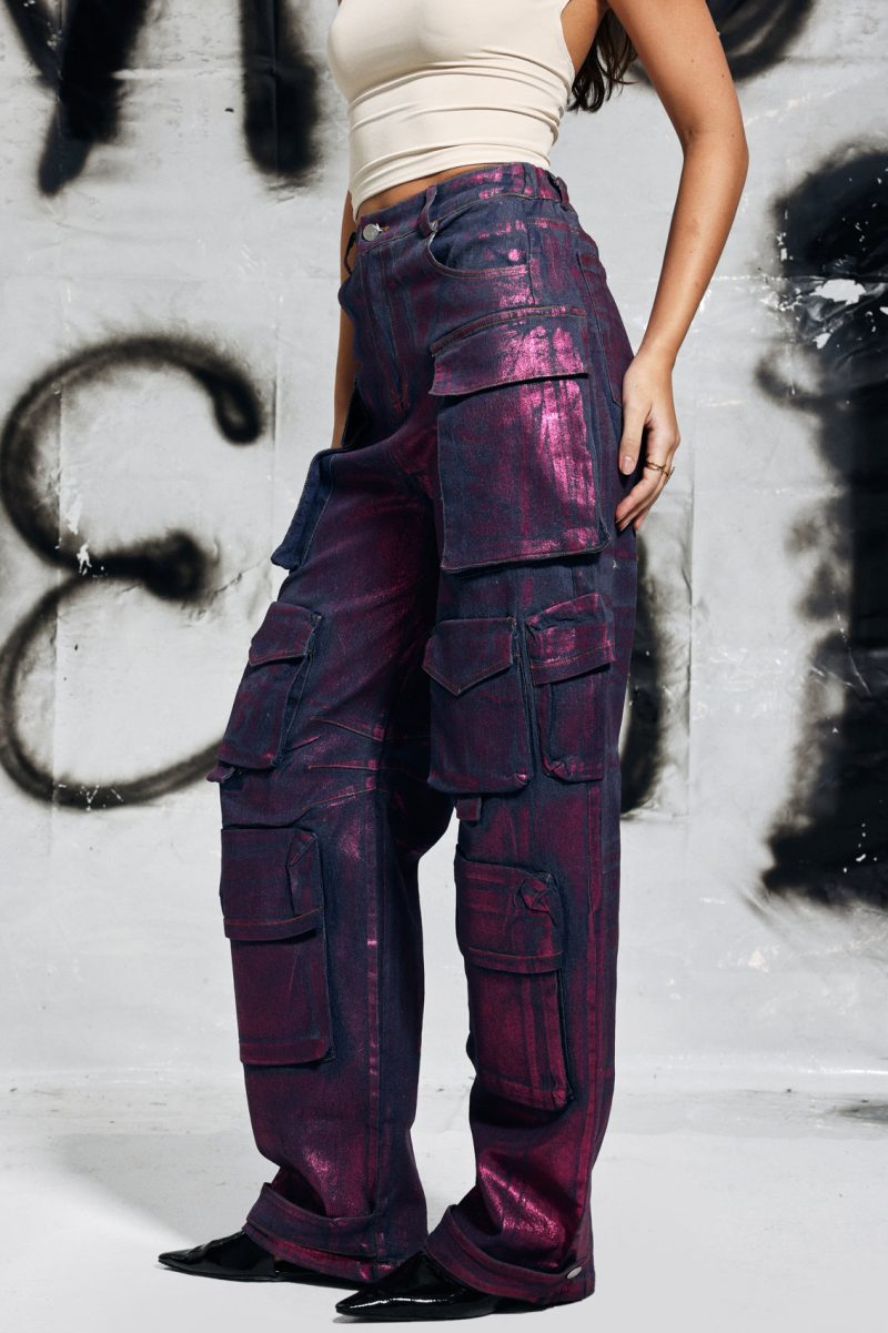 Jayda Metallic Cargo Jeans In Purple 2