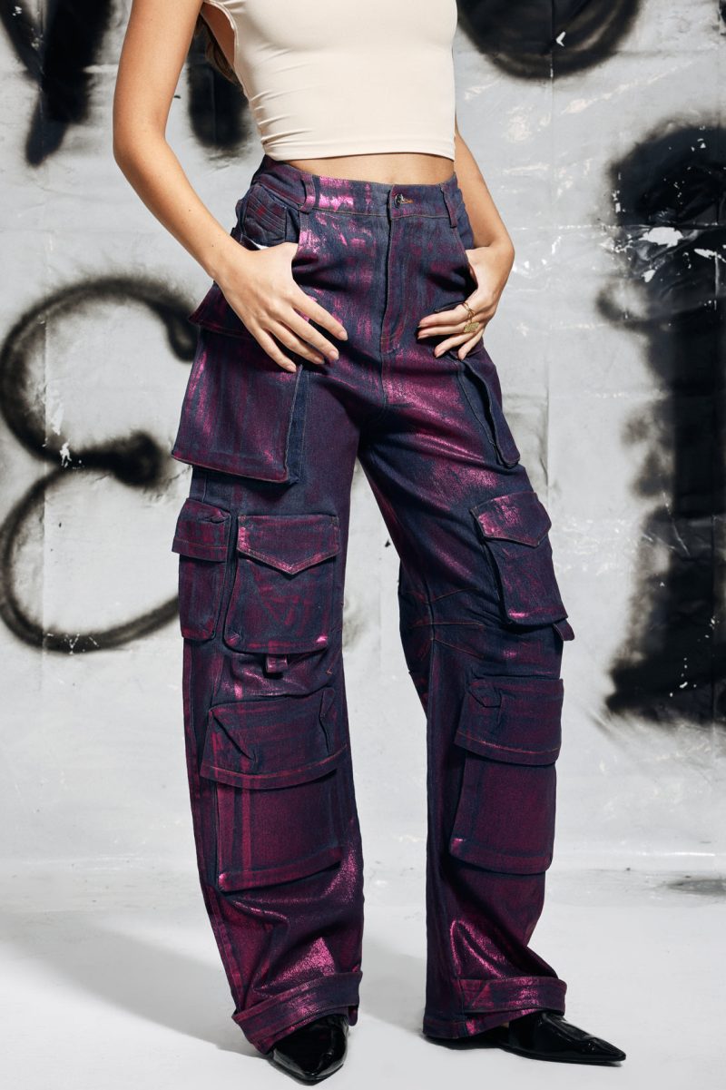 Jayda Metallic Cargo Jeans In Purple 5