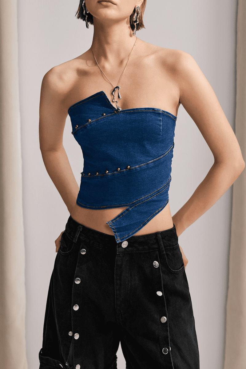 Jayla Off Shoulder Patchwork Denim Top