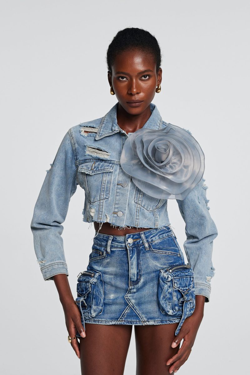 Johanna Torn Flower Denim Jacket In Blue 1