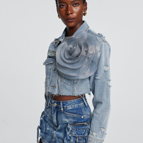 Johanna Torn Flower Denim Jacket In Blue 2