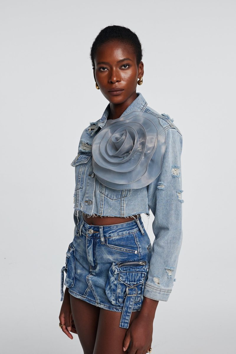 Johanna Torn Flower Denim Jacket In Blue 2