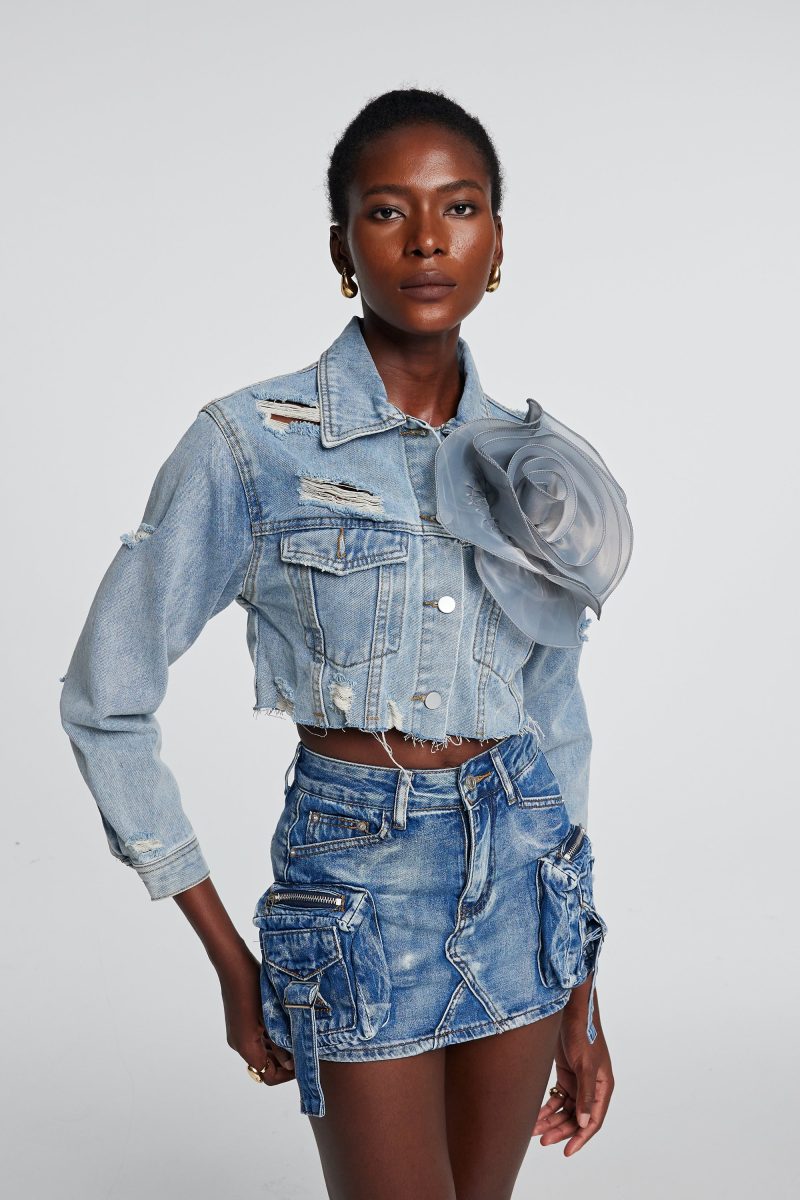 Johanna Torn Flower Denim Jacket In Blue 3