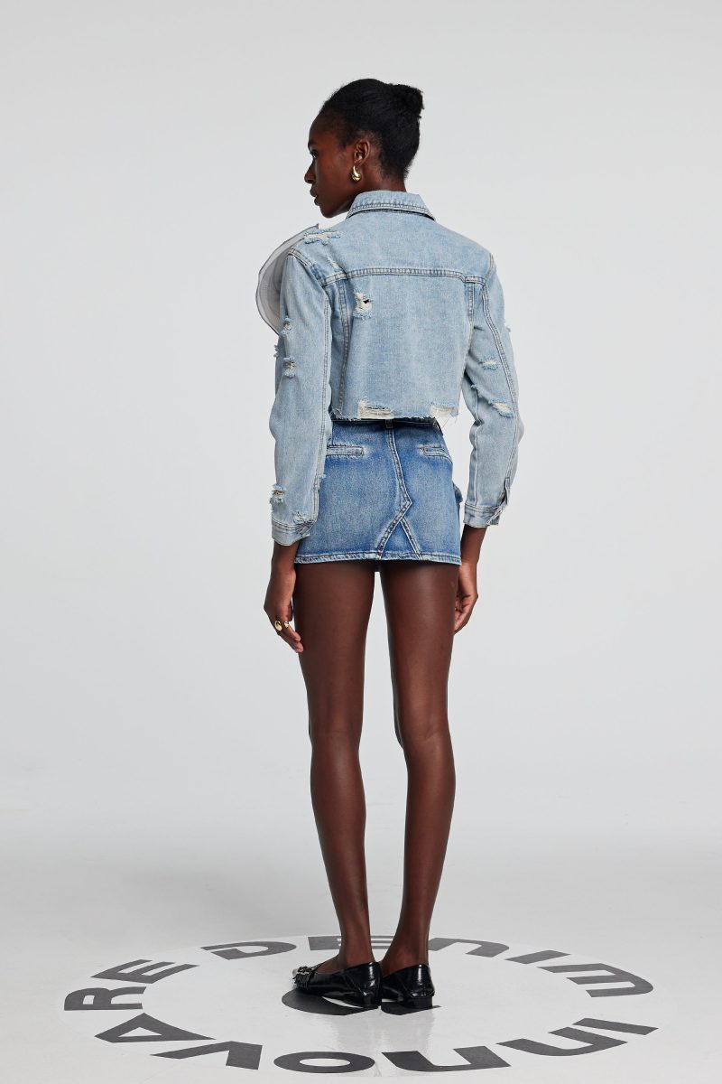 Johanna Torn Flower Denim Jacket In Blue 4