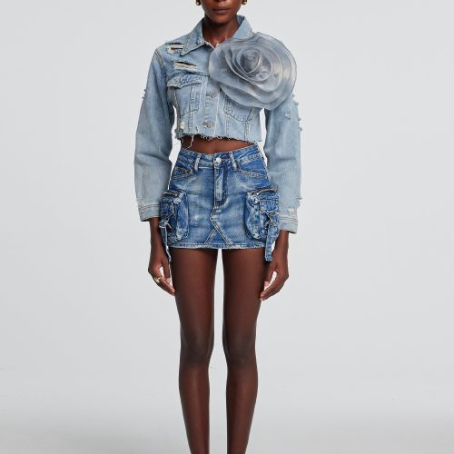 Johanna Torn Flower Denim Jacket In Blue 5