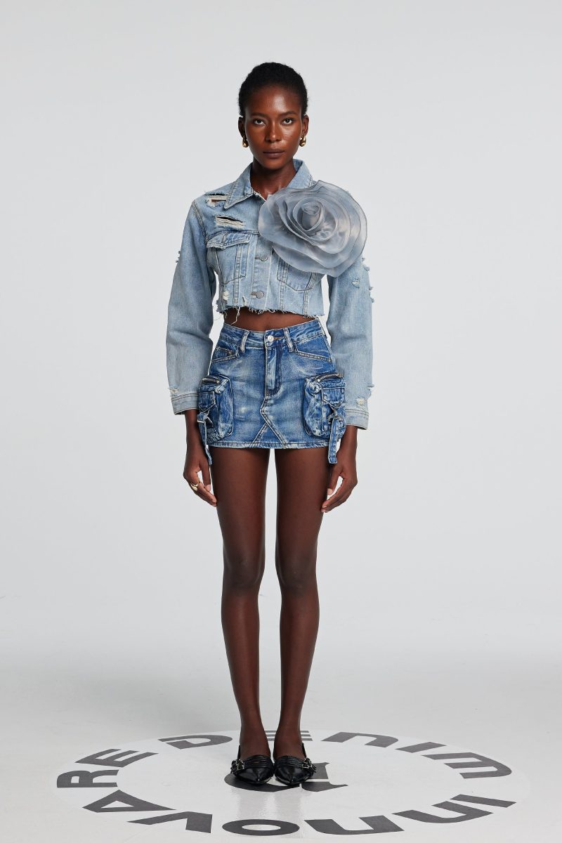 Johanna Torn Flower Denim Jacket In Blue 5