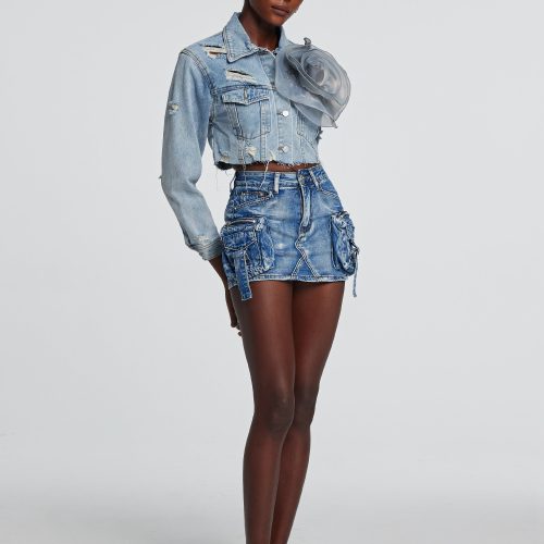 Johanna Torn Flower Denim Jacket In Blue 6