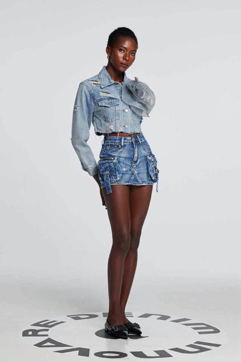 Johanna Torn Flower Denim Jacket In Blue 6