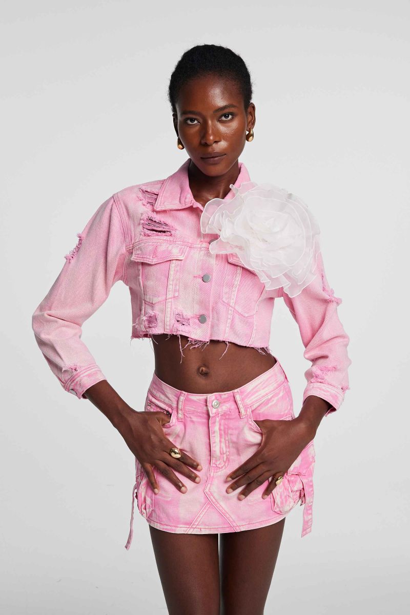 Johanna Torn Flower Denim Jacket In Pink 2