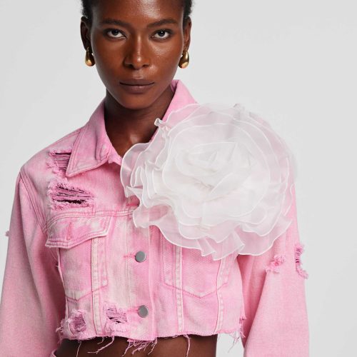 Johanna Torn Flower Denim Jacket In Pink 4