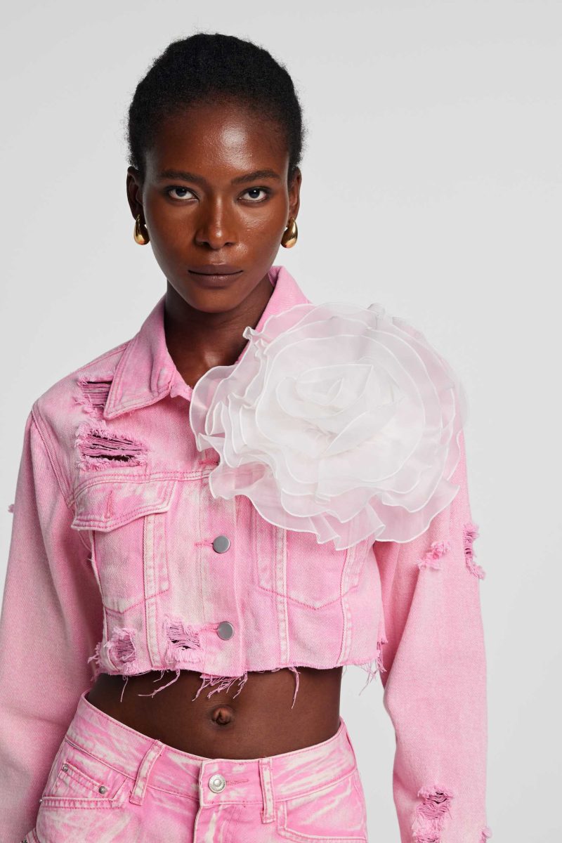 Johanna Torn Flower Denim Jacket In Pink 4