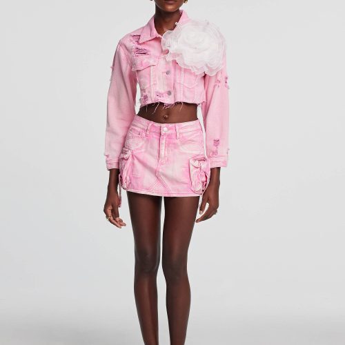 Johanna Torn Flower Denim Jacket In Pink 5