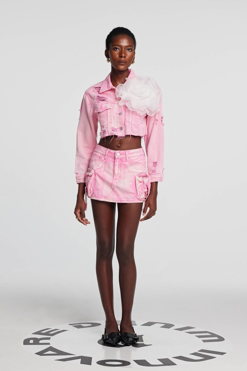 Johanna Torn Flower Denim Jacket In Pink 5