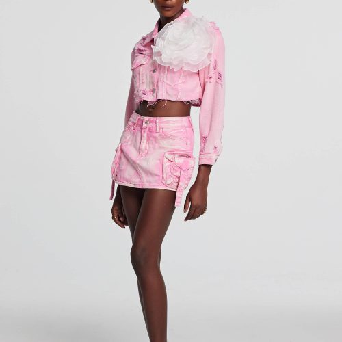 Johanna Torn Flower Denim Jacket In Pink 6