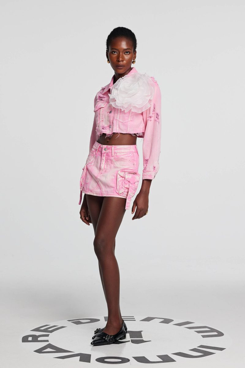 Johanna Torn Flower Denim Jacket In Pink 6