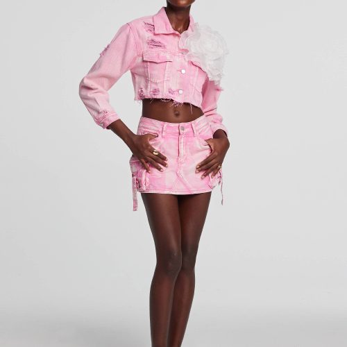 Johanna Torn Flower Denim Jacket In Pink 7